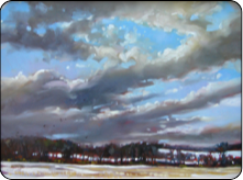 oil painting, winter landscape, clouds, snow